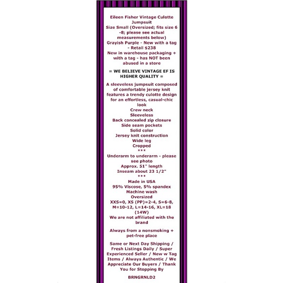 $238 Eileen Fisher Vintage Jumpsuit Small 8 Purple Culotte Faux Wrap Sleeveless - Picture 2 of 15